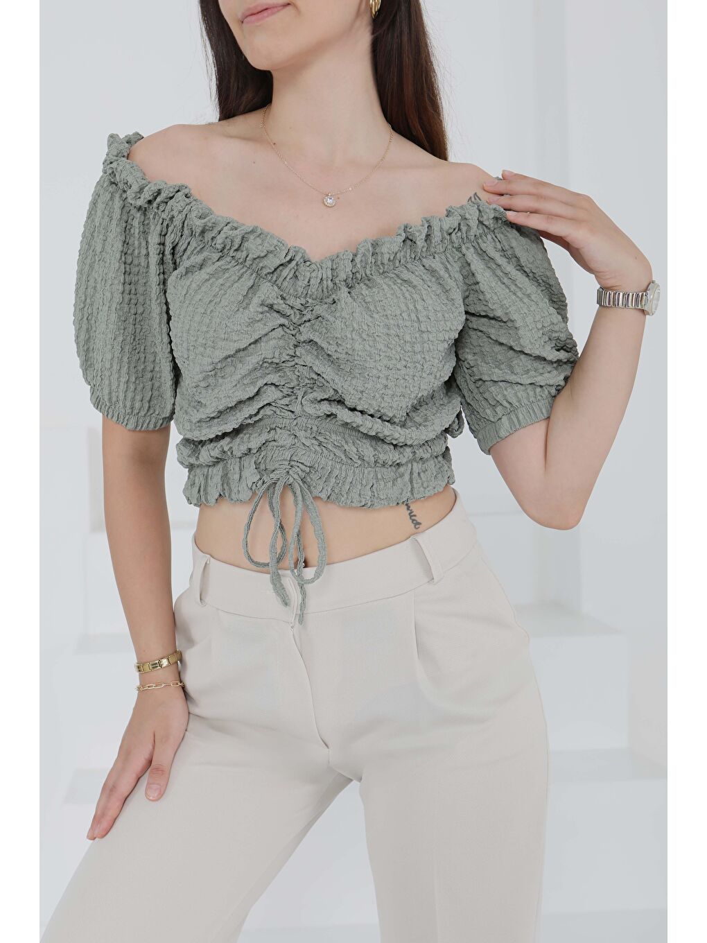 Buffle Büzgülü Crop Haki - 27485