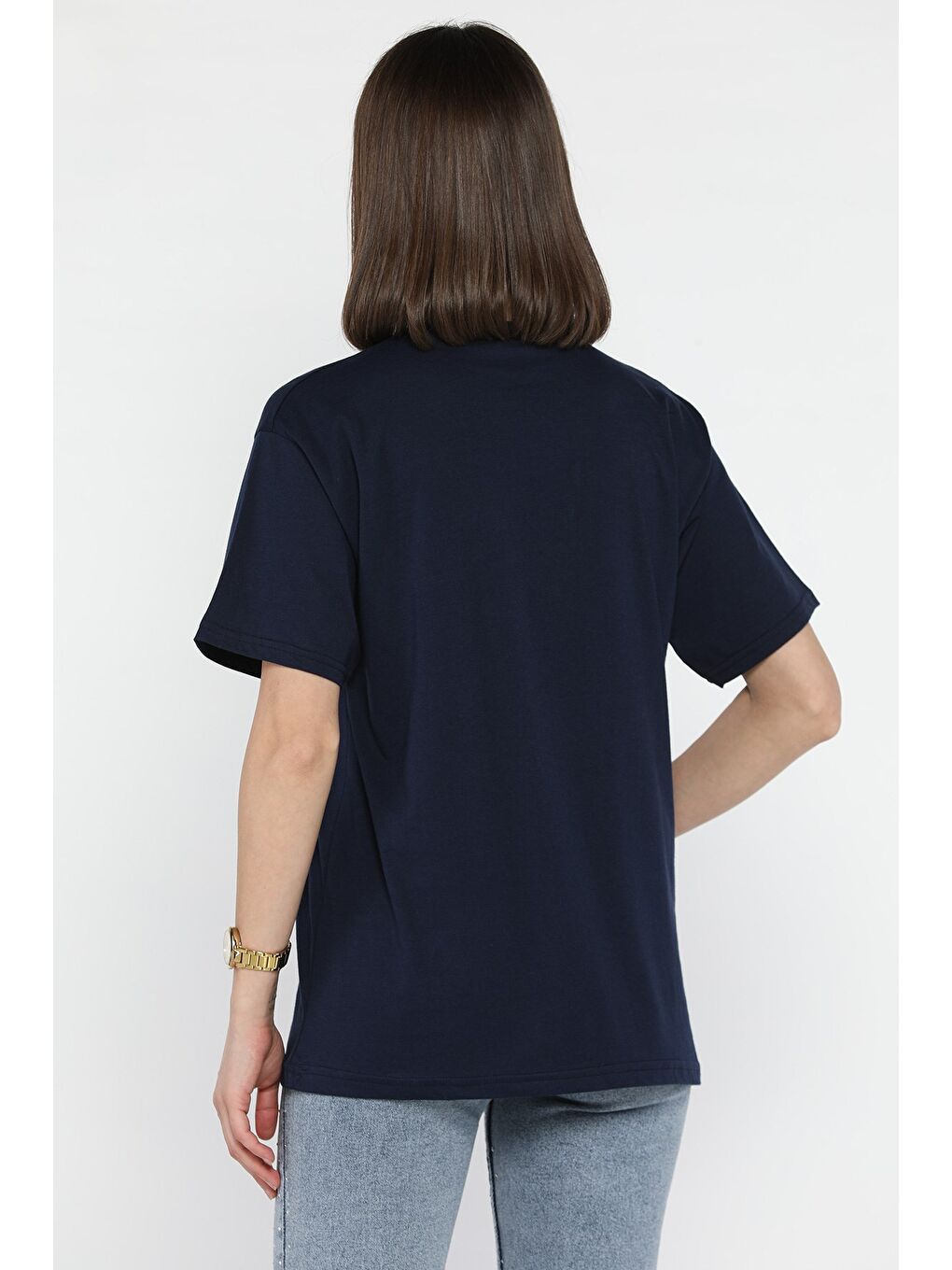 Lacivert Baskılı Taş Detaylı Kadın Tişört-2