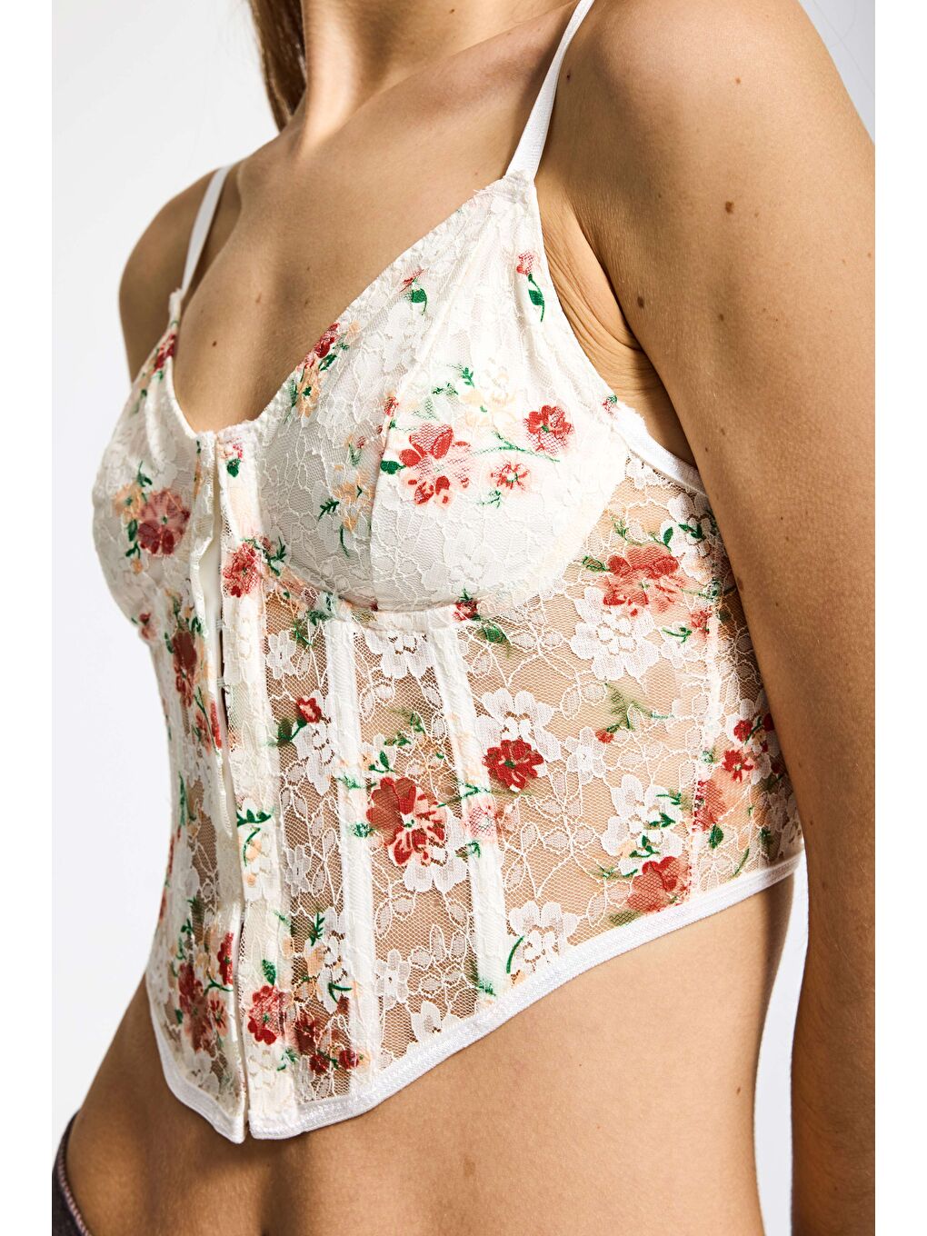 Kadın Ekru Çiçekli w5 Balenli Askılı Dantel Çiçek Desenli Özel Tasarım Büstiyer-3