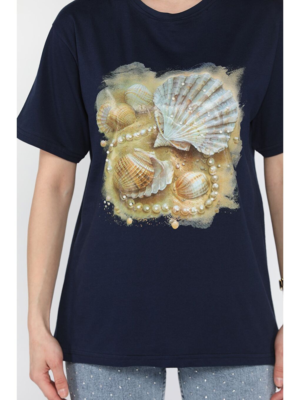 Lacivert Baskılı Taş Detaylı Kadın Tişört-3