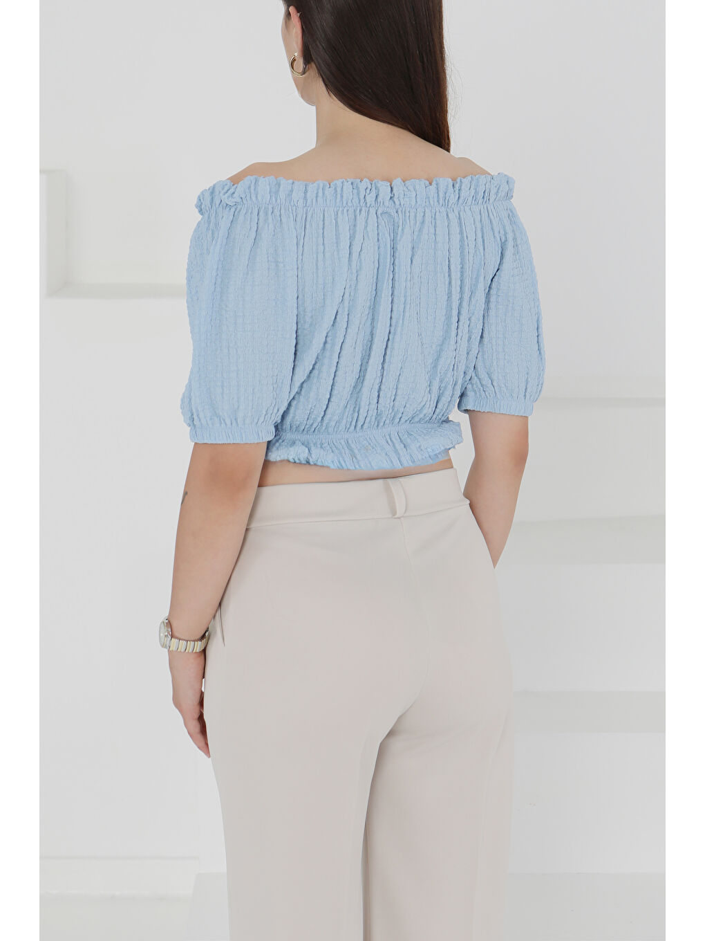 Buffle Büzgülü Crop Bebe Mavi - 27485-4