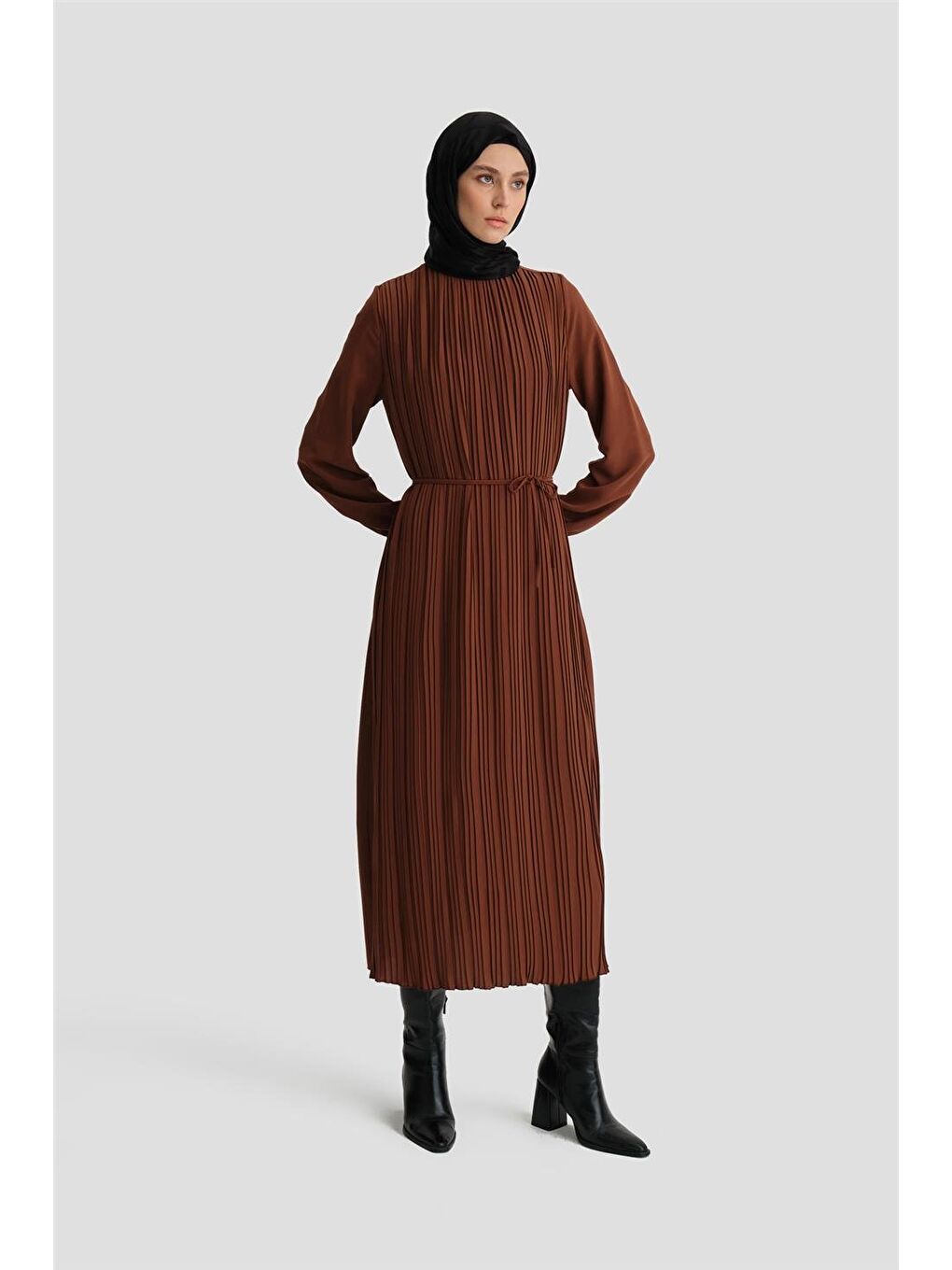 Kahverengi Piliseli Elbise 24Yd9435 Acı Kahve