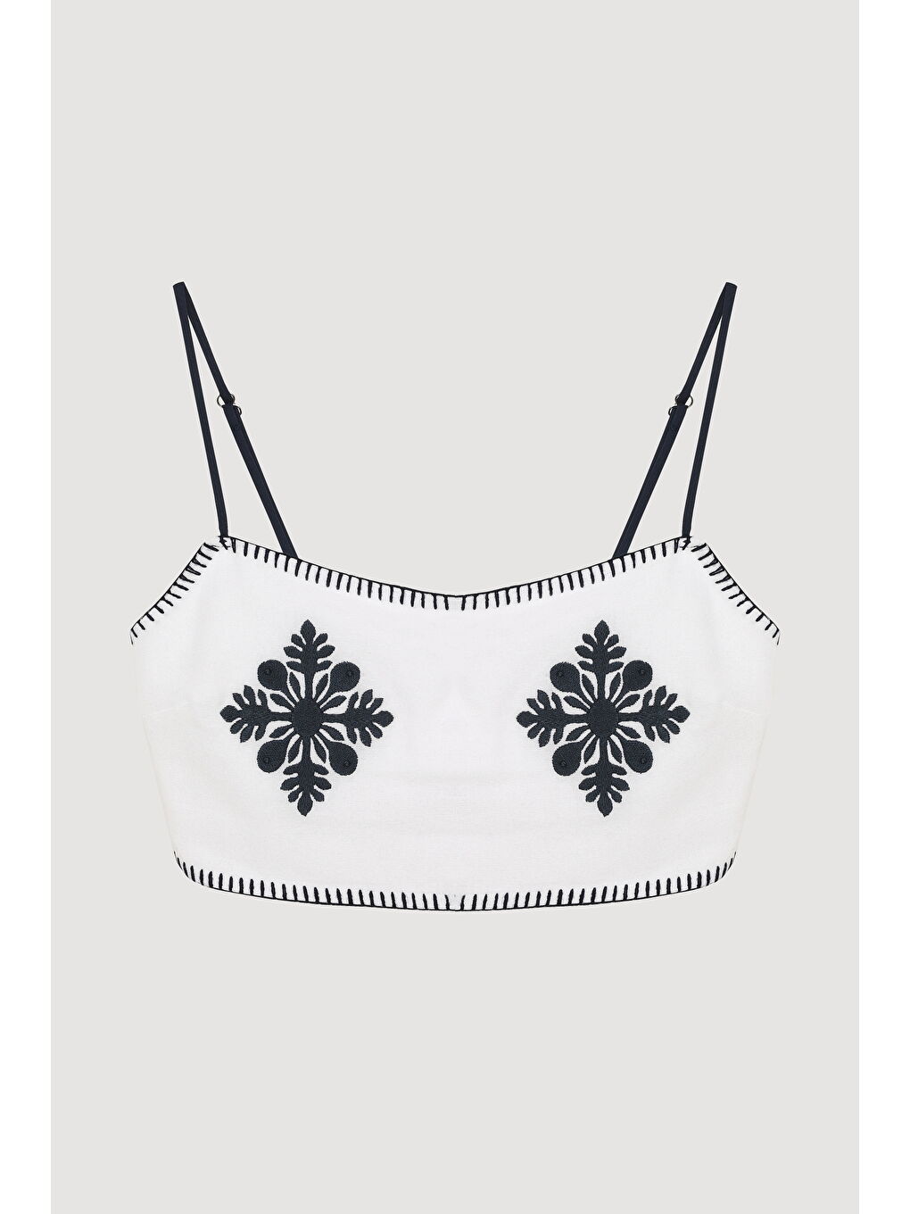 İnce Askılı Nakışlı Keten Büstiyer Bluz Beyaz