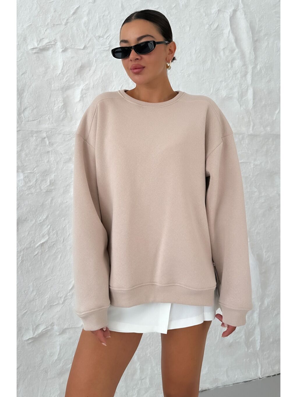 Kadın Bej Bisiklet Yakalı Yanı Yarım Fermuar Detaylı Sweatshirt-2