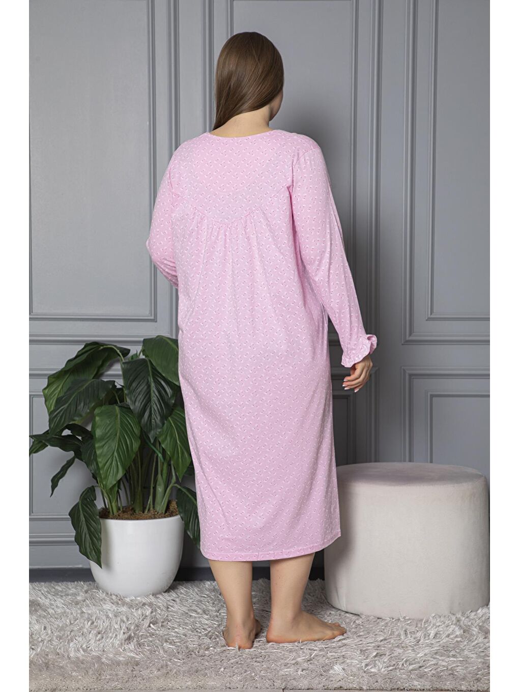 Pembe %100 Pamuklu Mevsimlik Uzun Kol Penye Büyük Beden Anne Gecelik 180-4