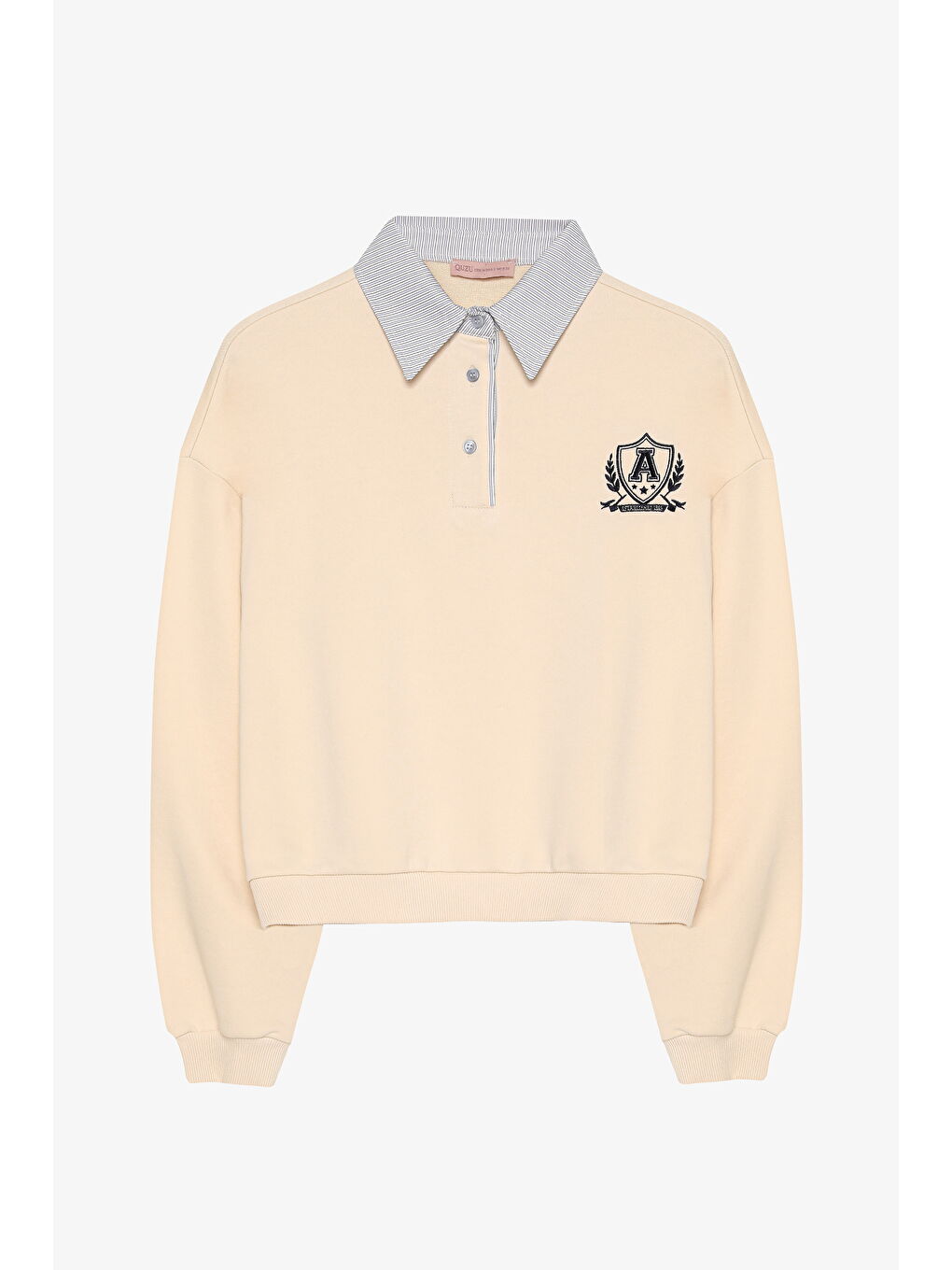 Çizgili Gömlek Yaka Detaylı Arma Nakışlı Oversize Sweatshirt Bej-1