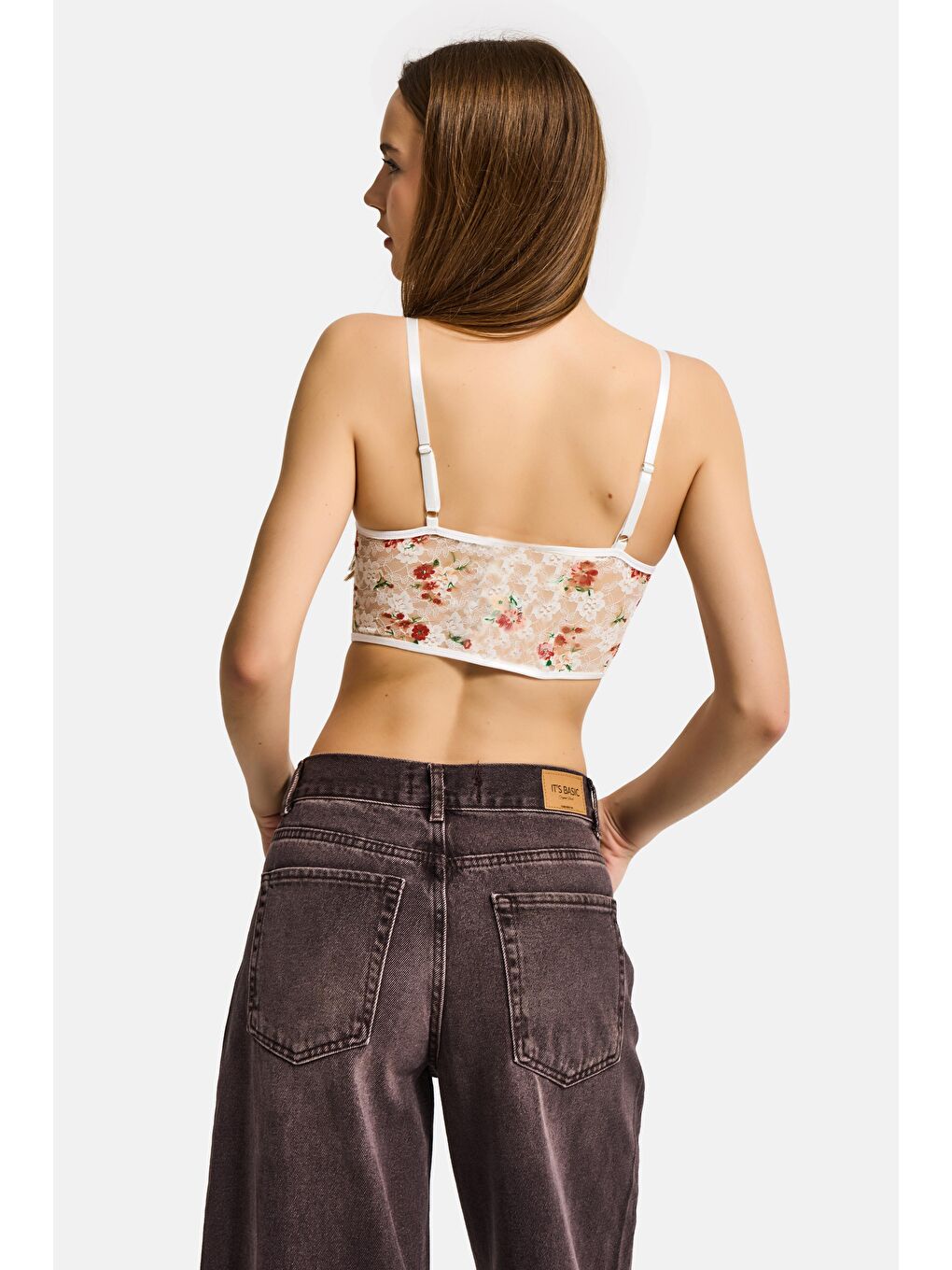 Kadın Ekru Çiçekli w5 Balenli Askılı Dantel Çiçek Desenli Özel Tasarım Büstiyer-4