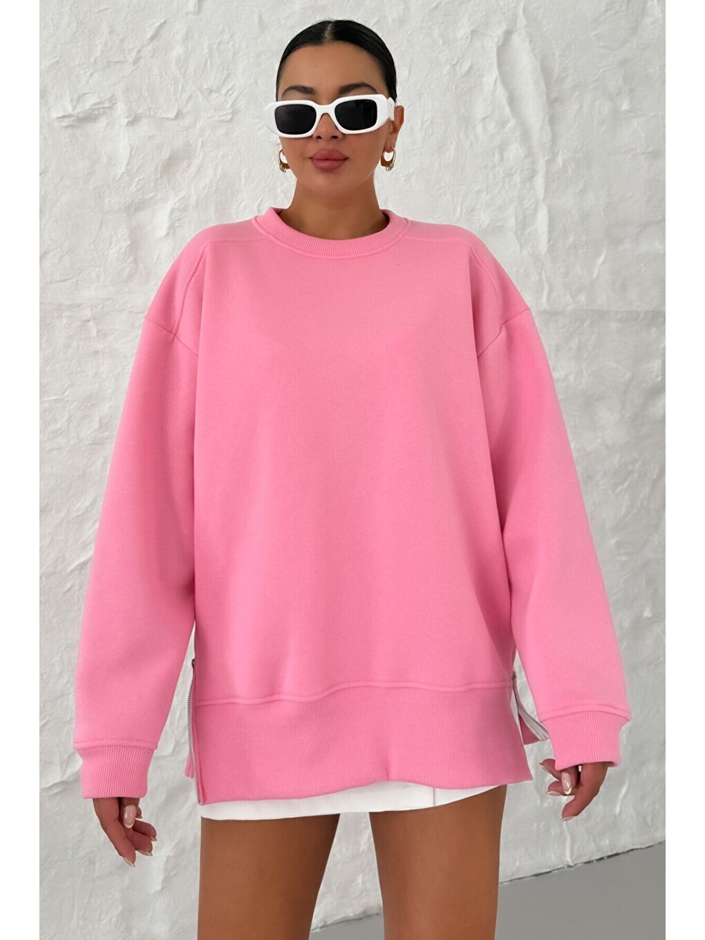 Kadın Pembe Bisiklet Yakalı Yanı Yarım Fermuar Detaylı Sweatshirt