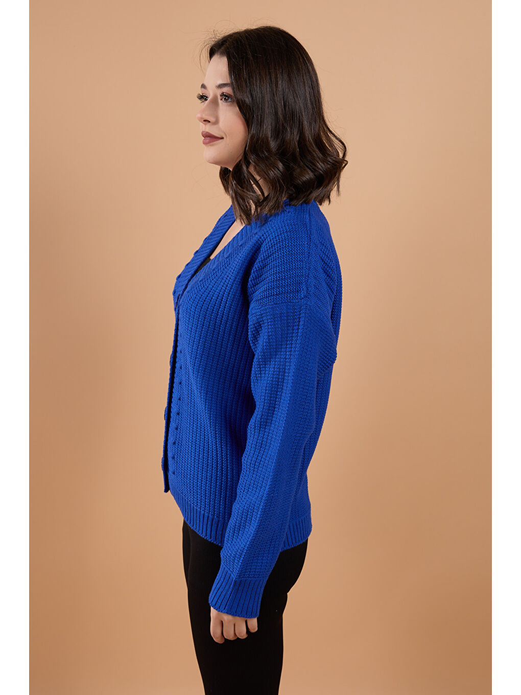 Mavi Düğmeli Kabarcık Detaylı Triko Hırka Saks - 27648-2