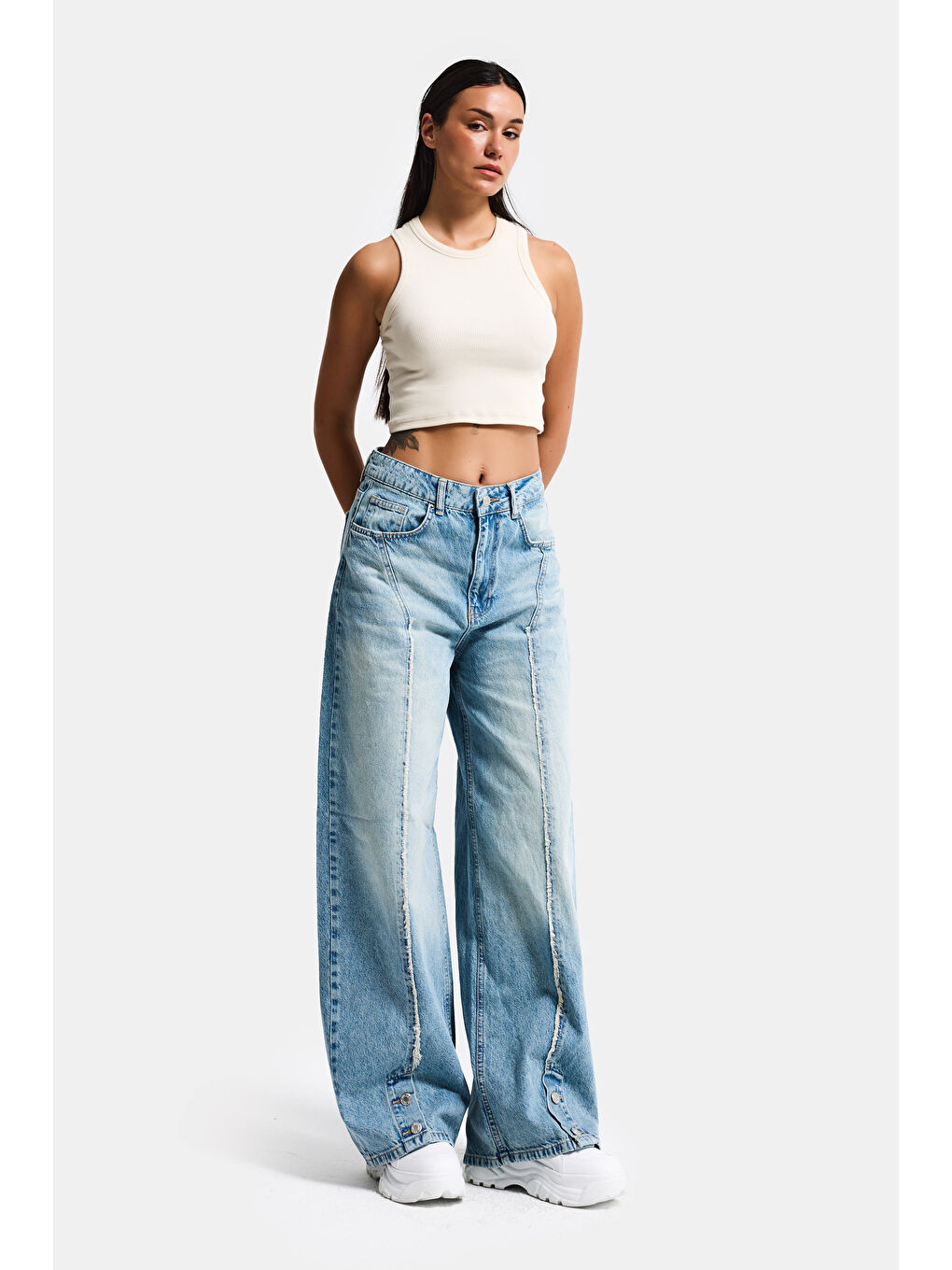 Mavi Kadın Jean Rengi 4s6-32 Süper Baggy Fit Paça Detaylı Özel Tasarım Denim Jean-6