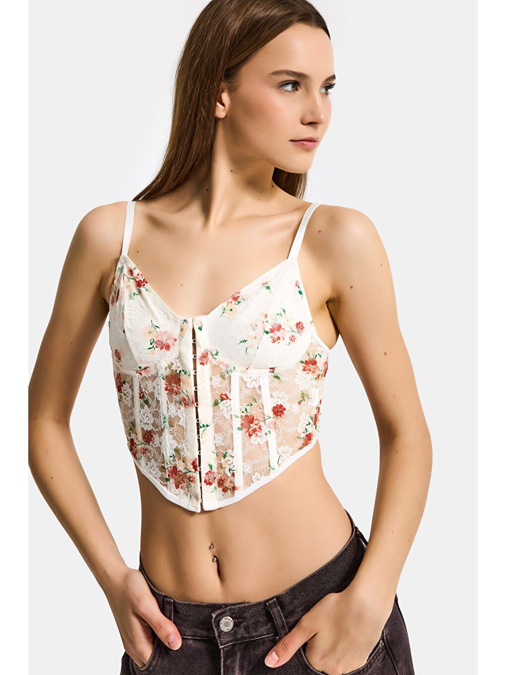 Kadın Ekru Çiçekli w5 Balenli Askılı Dantel Çiçek Desenli Özel Tasarım Büstiyer-5