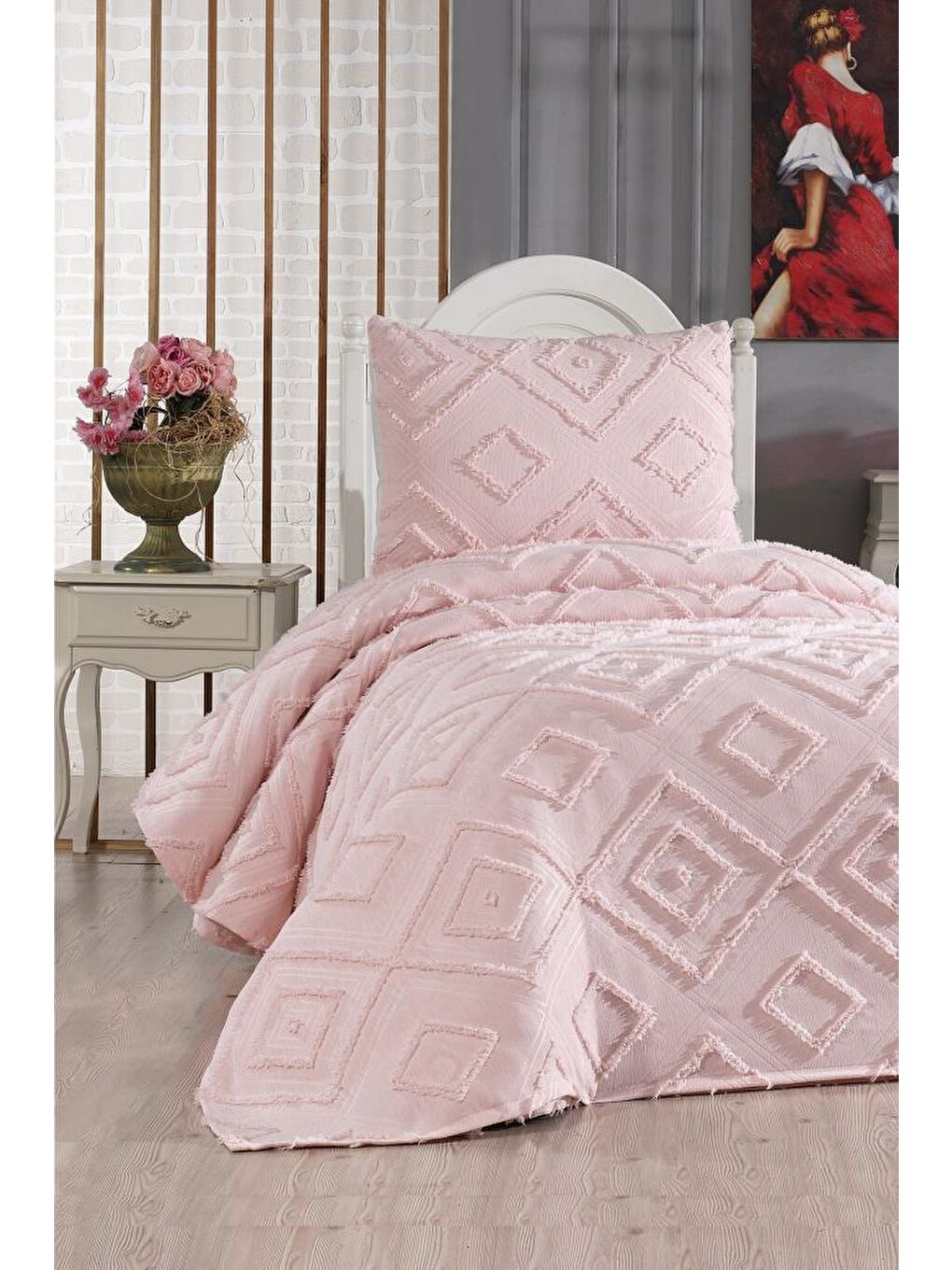 Pembe Samira 2 Parça Tek Kişilik Pike Takımı Pudra