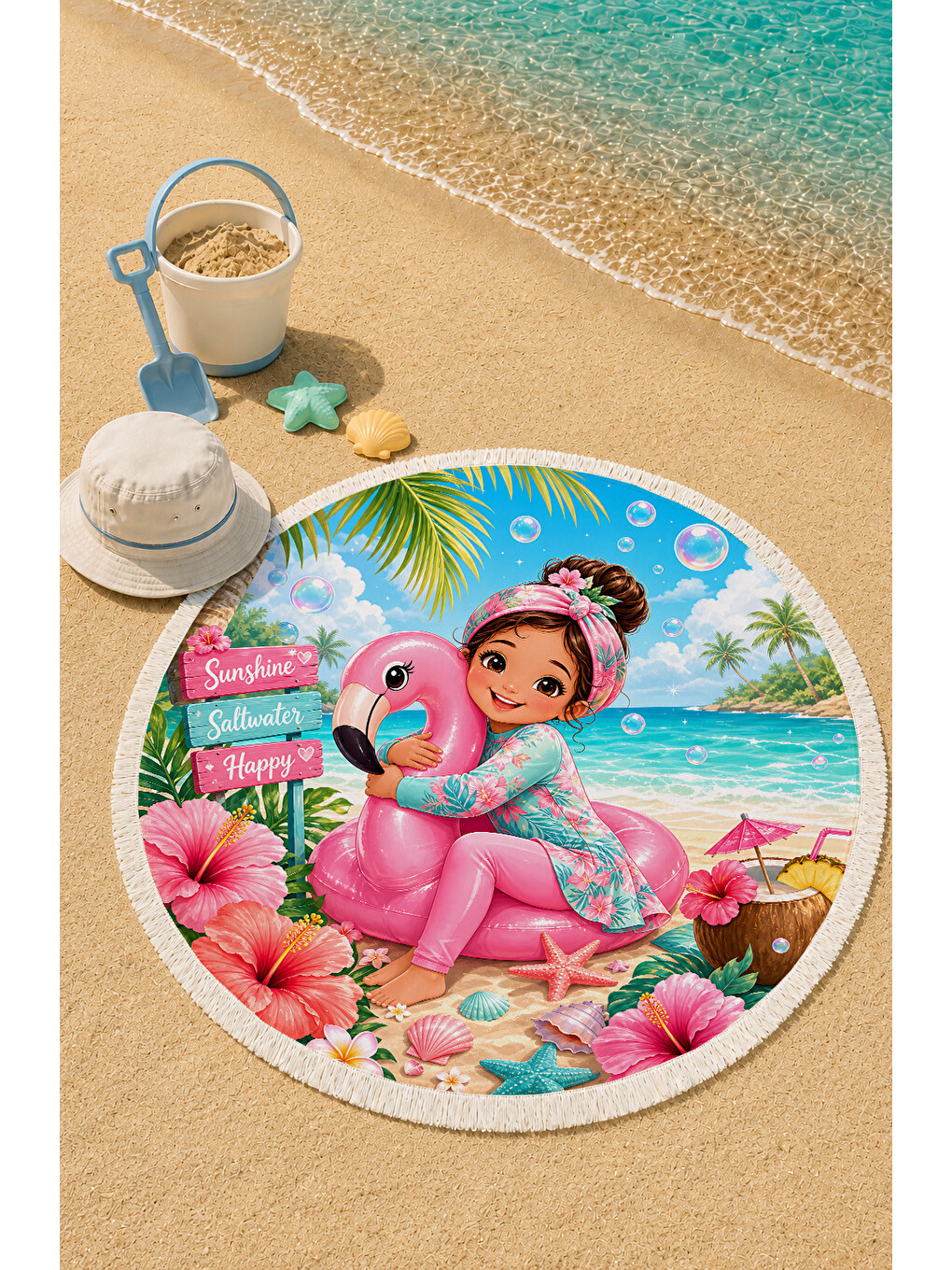 Pembe Flamingo Rüyası 150 Cm Yuvarlak Çocuk Plaj Havlusu Flamingo ve Tropik Çiçek Desenli