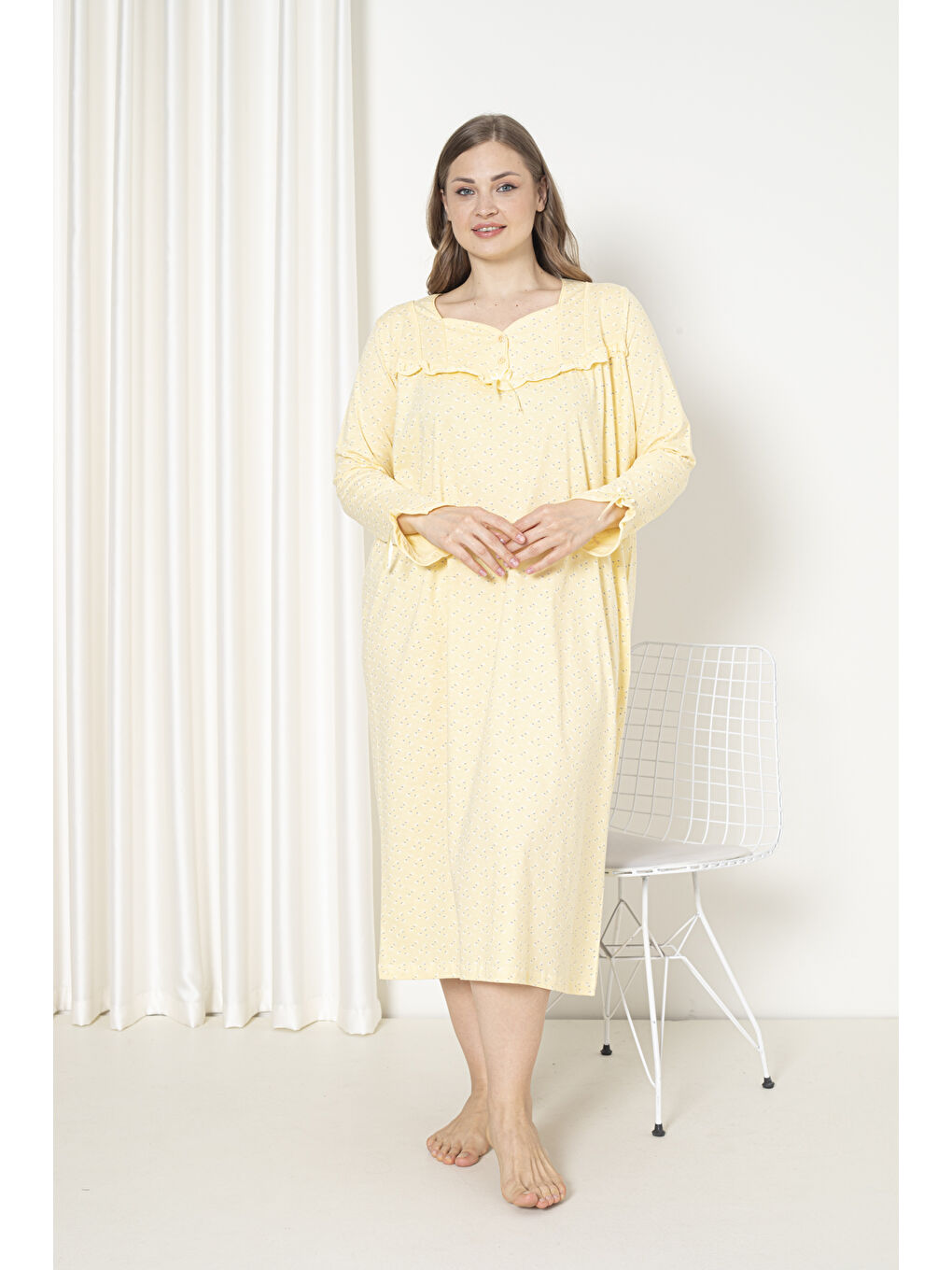 Sarı %100 Pamuklu Mevsimlik Uzun Kol Penye Büyük Beden Anne Gecelik 180-2