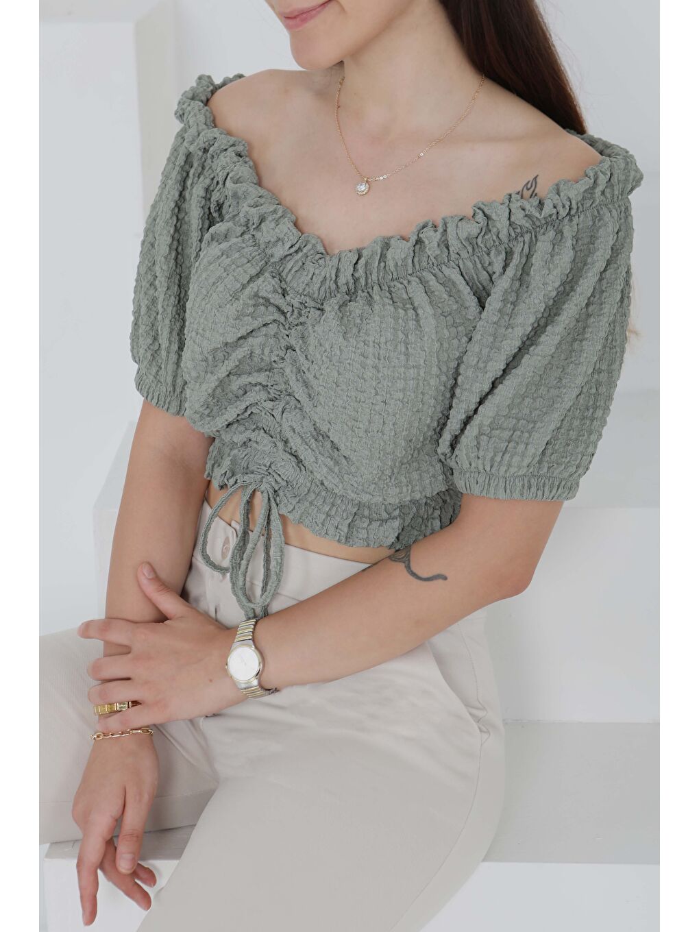 Buffle Büzgülü Crop Haki - 27485-1