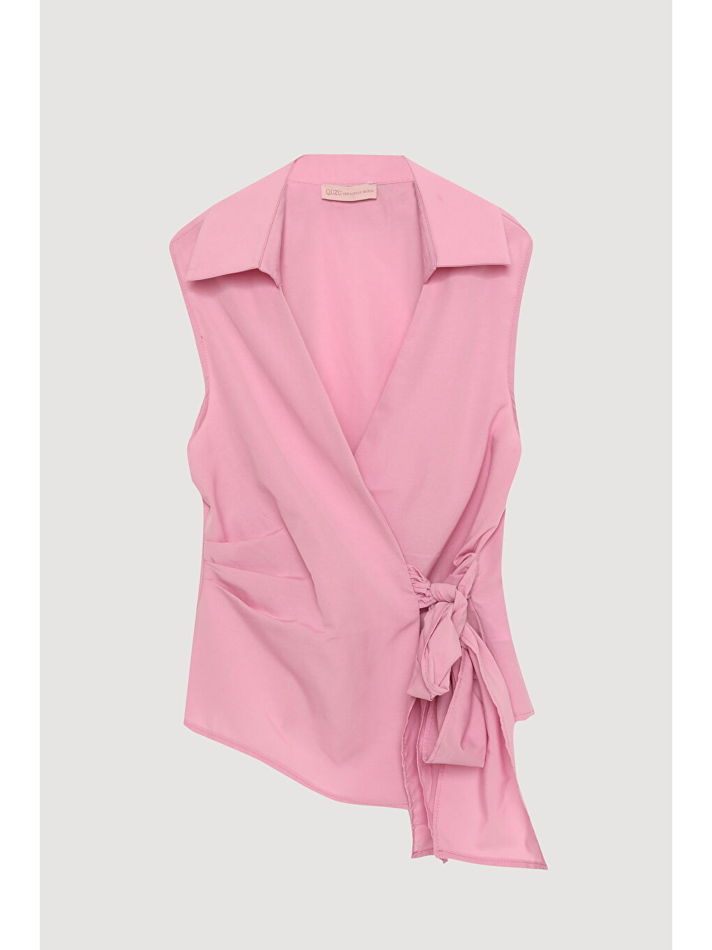Kruvaze Yaka Bağlamalı Kolsuz Bluz Pembe-1