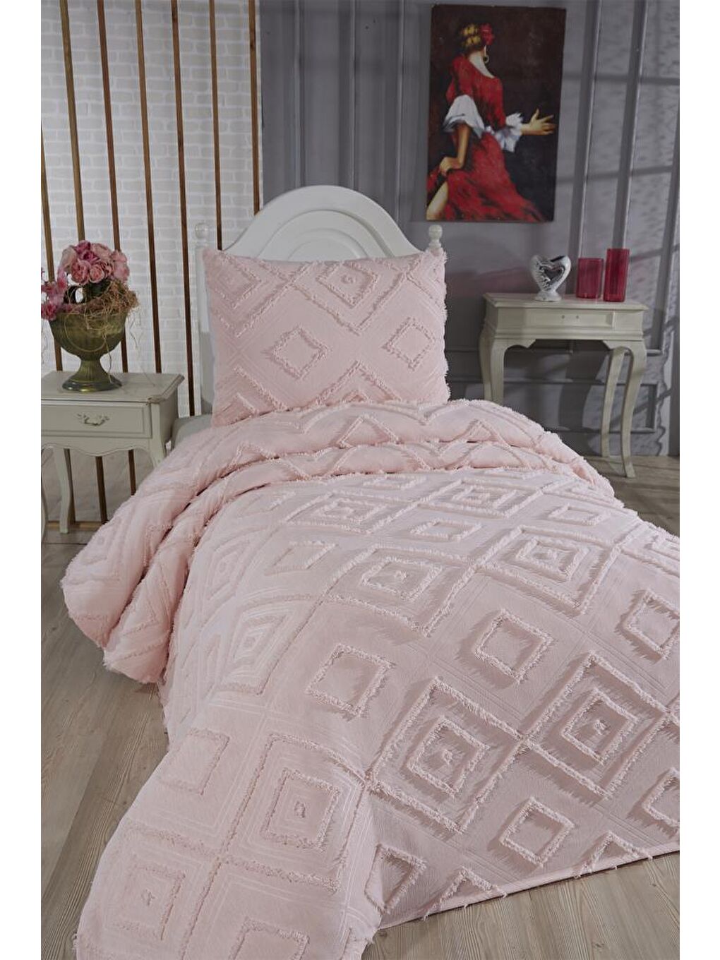 Pembe Samira 2 Parça Tek Kişilik Pike Takımı Pudra-1