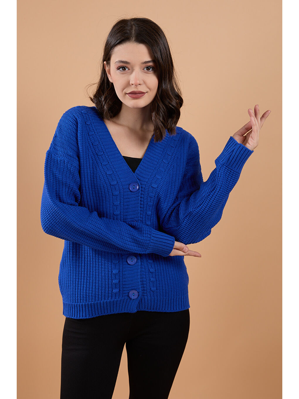 Mavi Düğmeli Kabarcık Detaylı Triko Hırka Saks - 27648-3