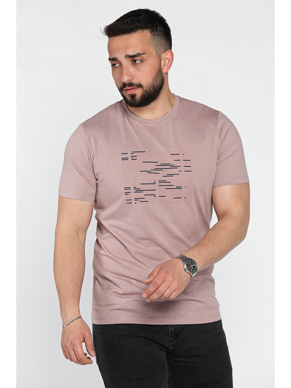 Pembe Bisiklet Yaka Ön Baskılı Erkek Tişört