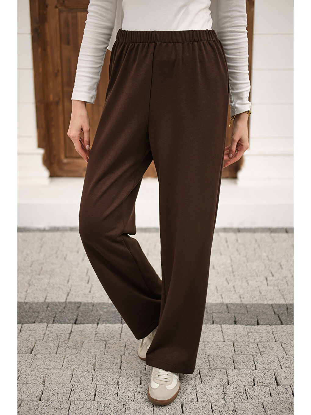 Kadın Beli Lastikli Pantolon Kahverengi-1