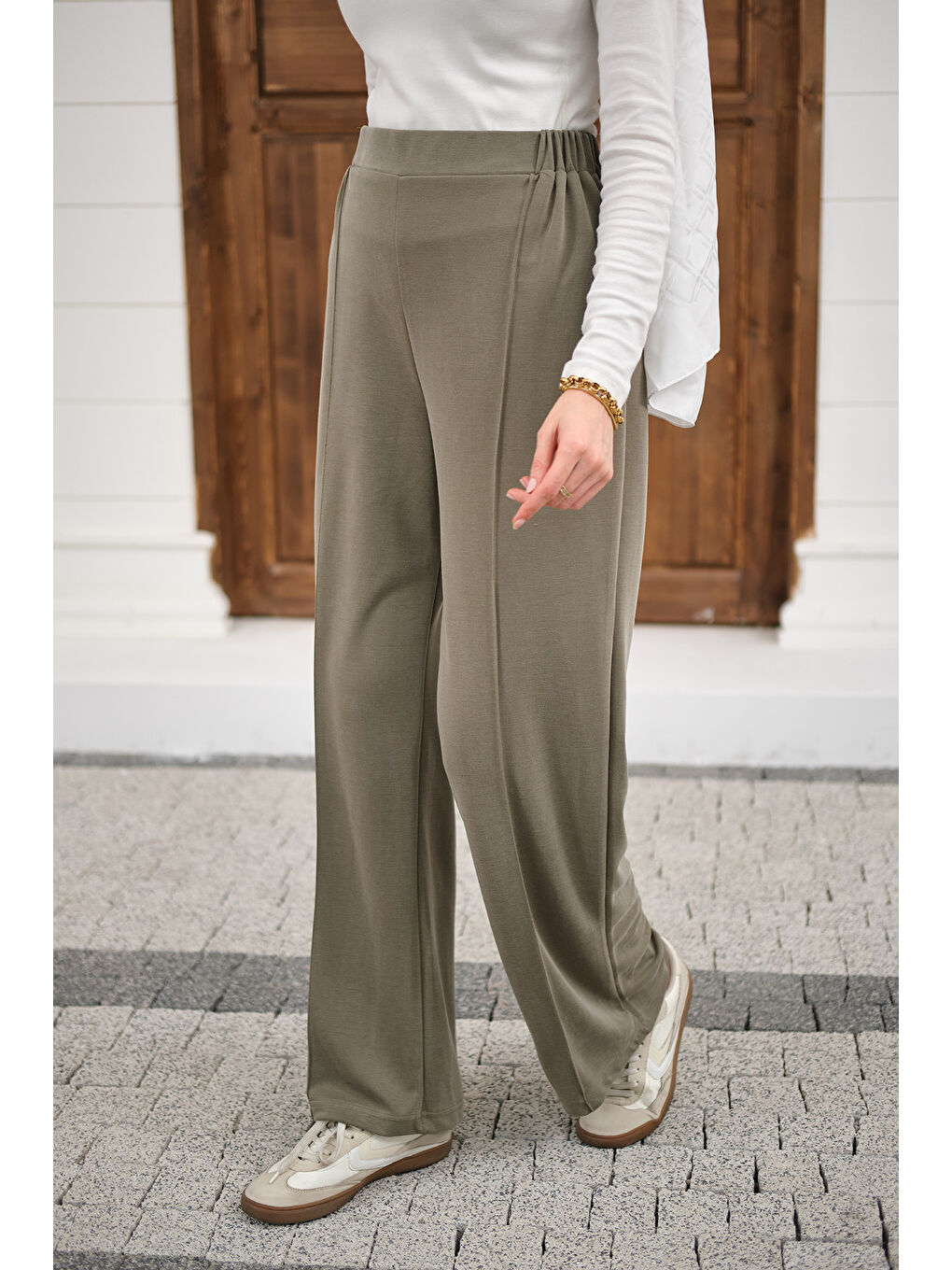 Kadın Önü Çima Detaylı Lastikli Pantolon Yeşil-1