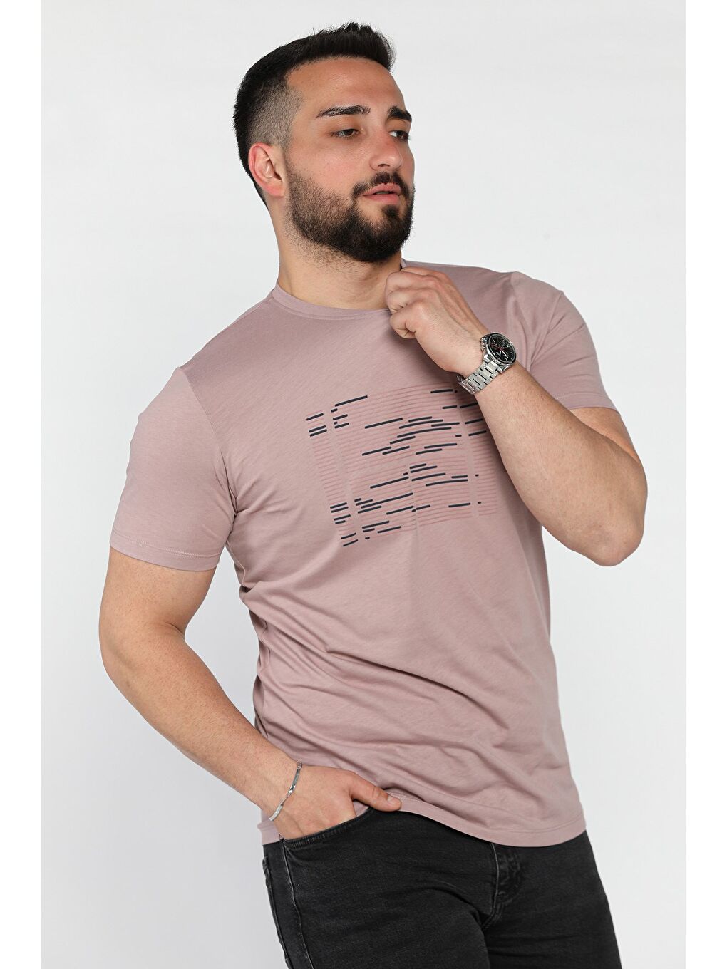 Pembe Bisiklet Yaka Ön Baskılı Erkek Tişört-1