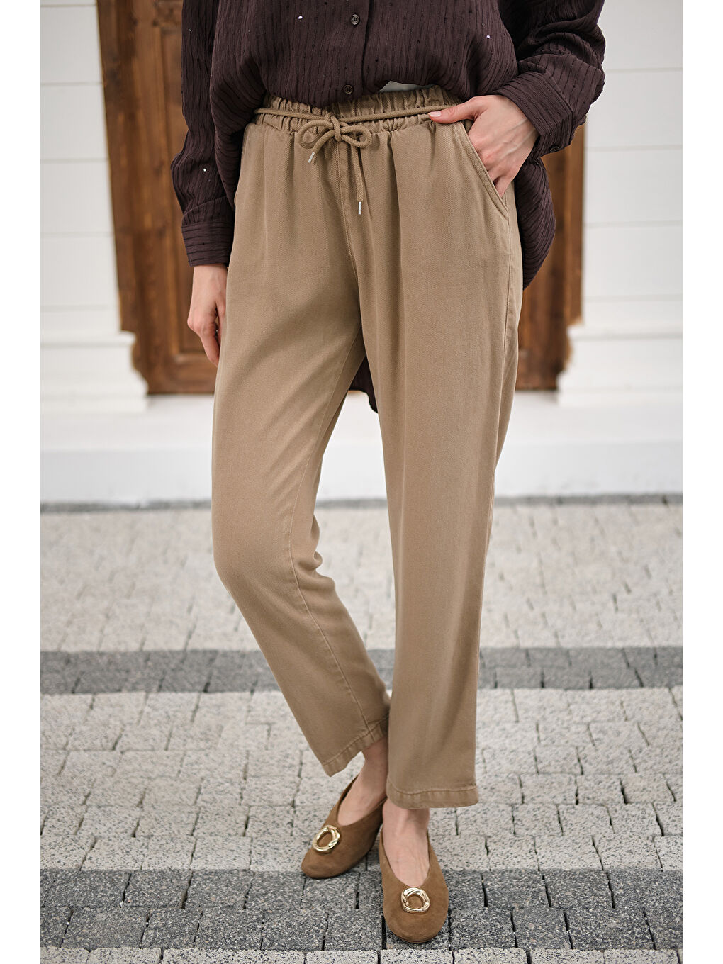 Bej Kadın İp Kemerli Bol Paça Pike Pantolon Vizon-1