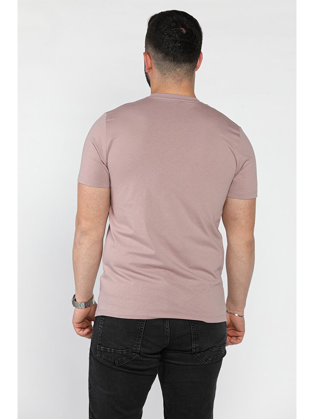 Pembe Bisiklet Yaka Ön Baskılı Erkek Tişört-2