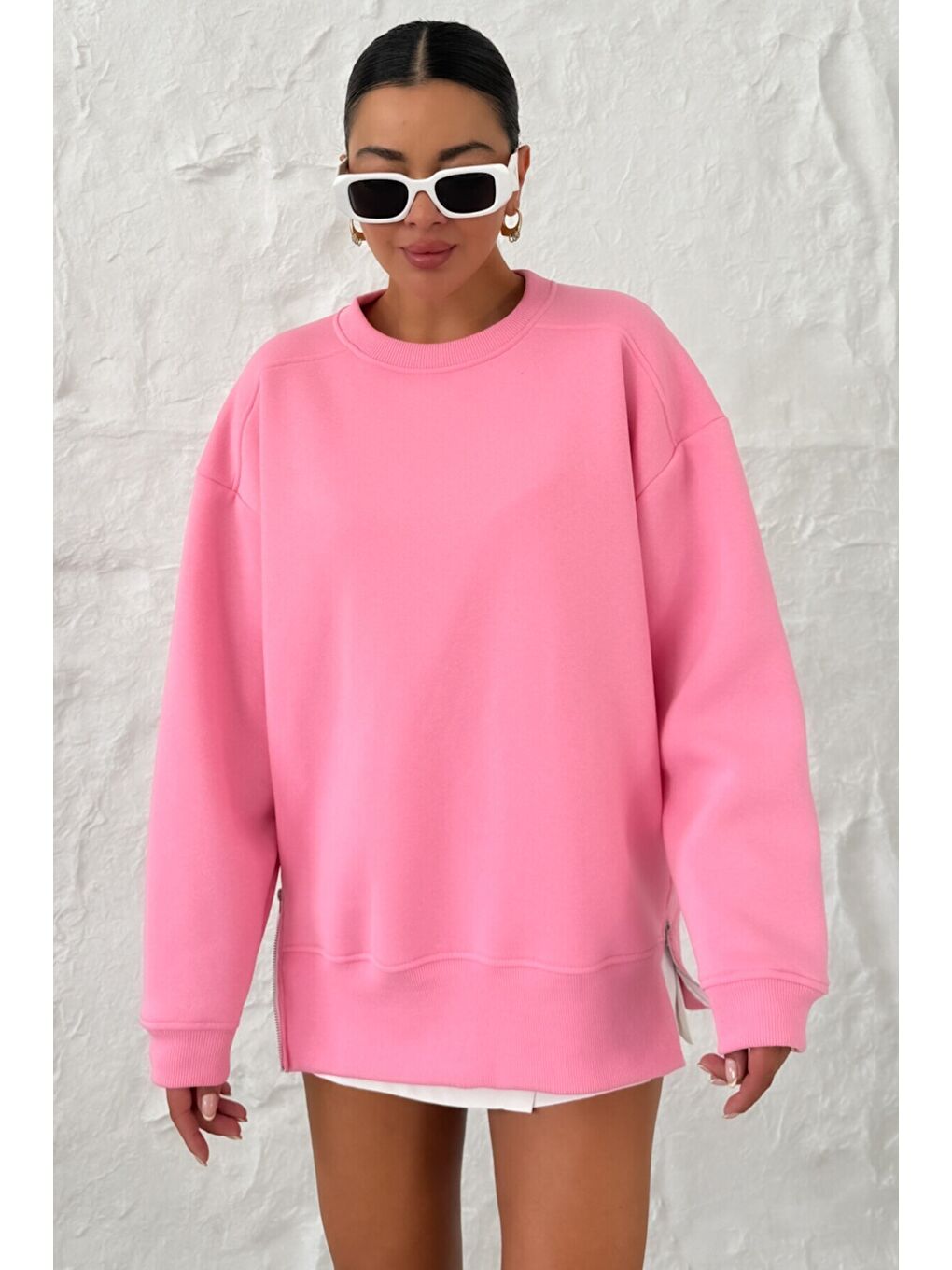 Kadın Pembe Bisiklet Yakalı Yanı Yarım Fermuar Detaylı Sweatshirt-1