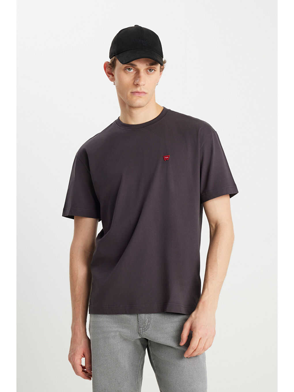 %100 Pamuk Relaxed Fit Geniş Kesim Bisiklet Yaka Minimal Logo Antrasit Tişört-1