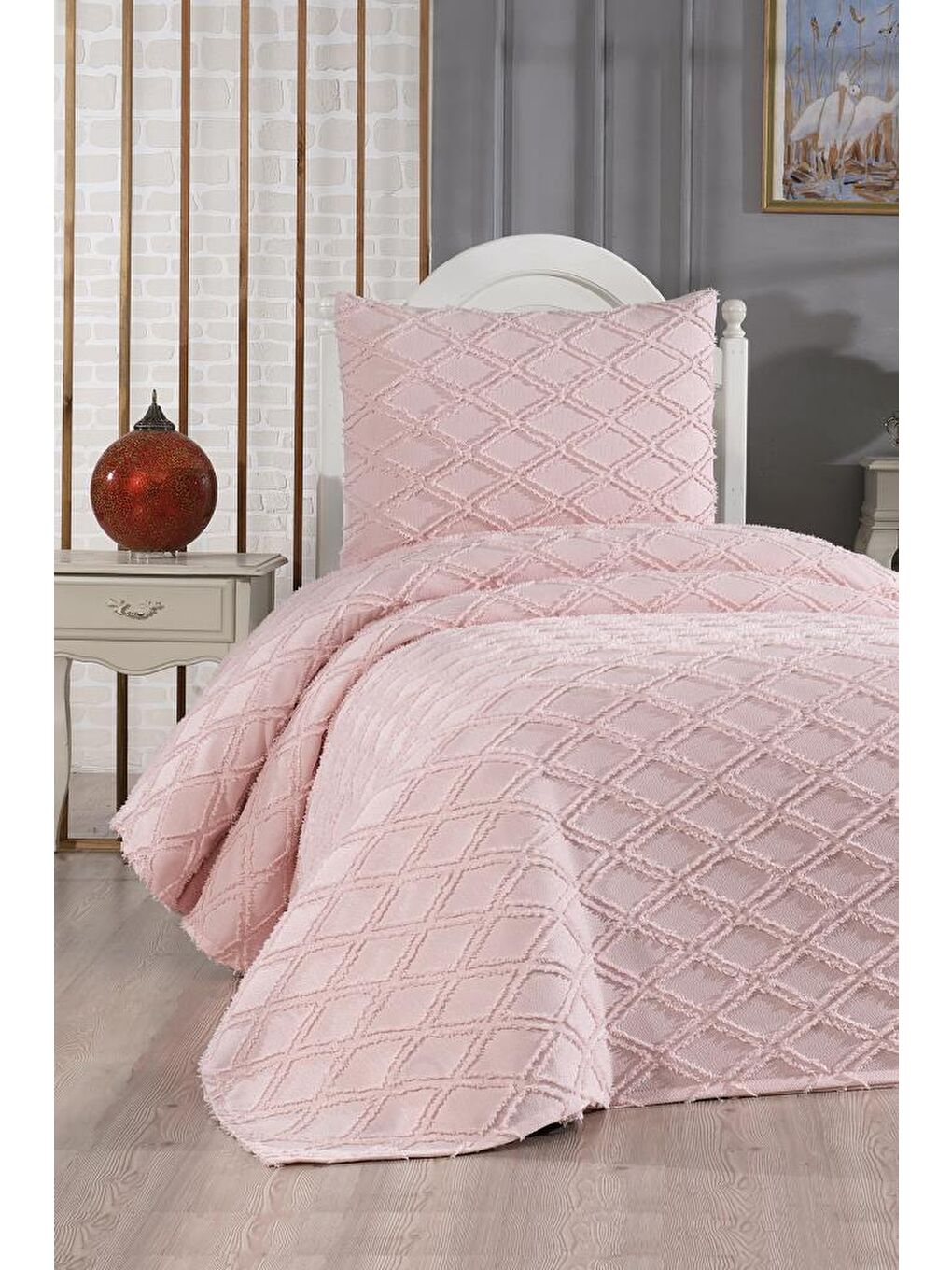 Pembe Vesya 2 Parça Tek Kişilik Pike Takımı Pudra