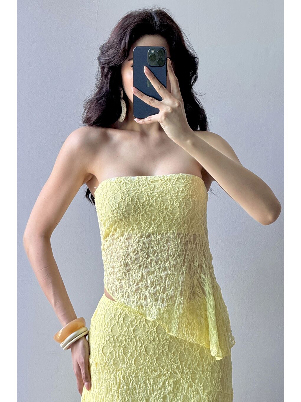 Kadın Sarı Dantel Crop Etek Takım 1026-221725-2