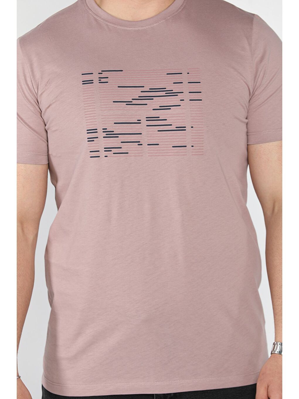 Pembe Bisiklet Yaka Ön Baskılı Erkek Tişört-3