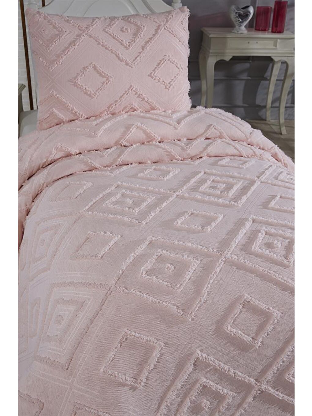 Pembe Samira 2 Parça Tek Kişilik Pike Takımı Pudra-2