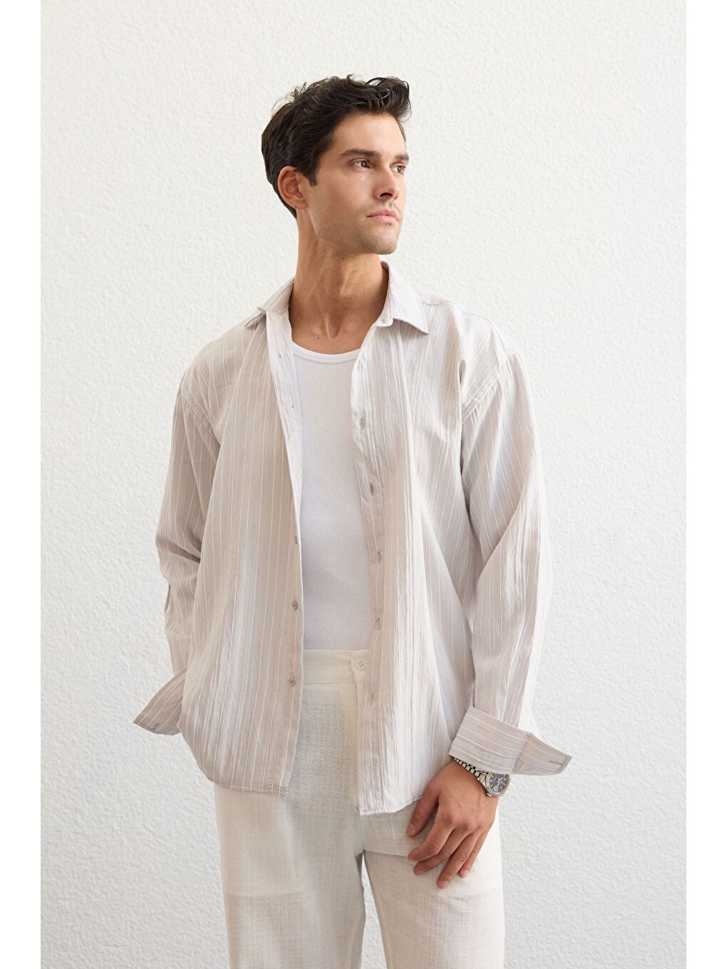 Gri Tugur Erkek Çizgili Oversize Premium Gömlek Soft Touch Refined Comfort