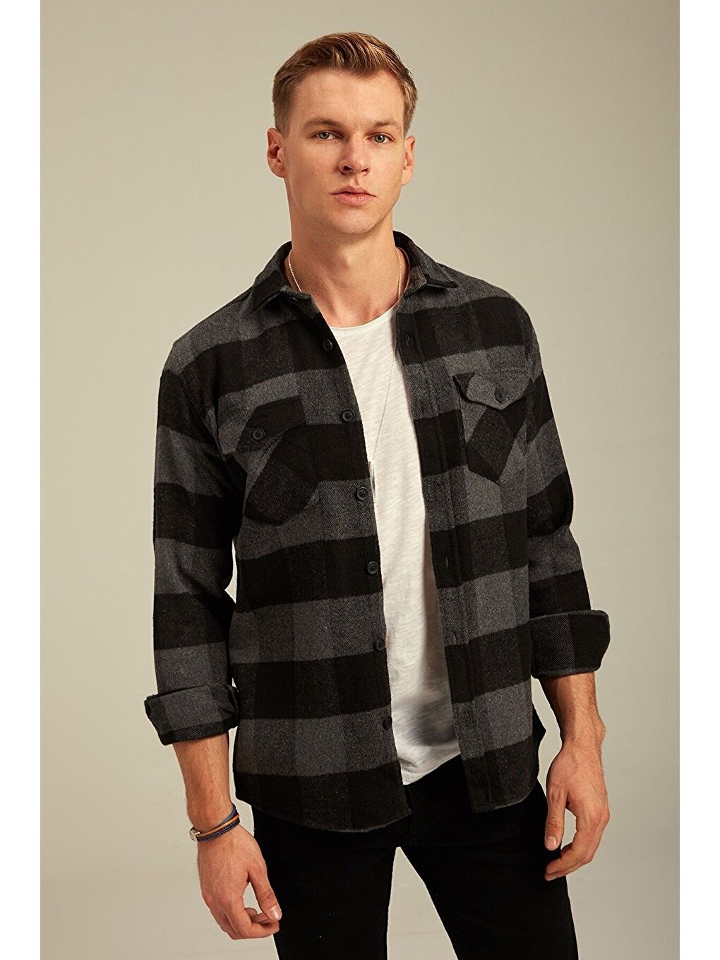 Tarz Cool Antrasit Erkek Slim Fit Düğmeli Yaka Çift Cepli Oduncu Ekose Gömlek