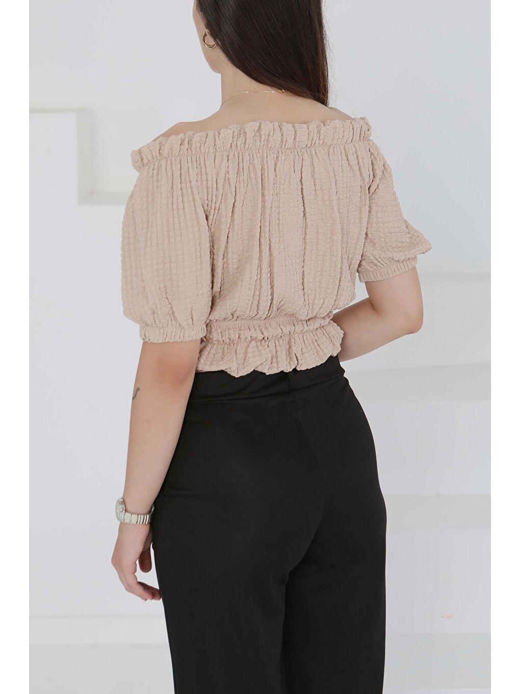 Buffle Büzgülü Crop Bej - 27485-4