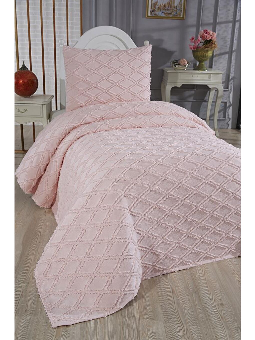 Pembe Vesya 2 Parça Tek Kişilik Pike Takımı Pudra-1