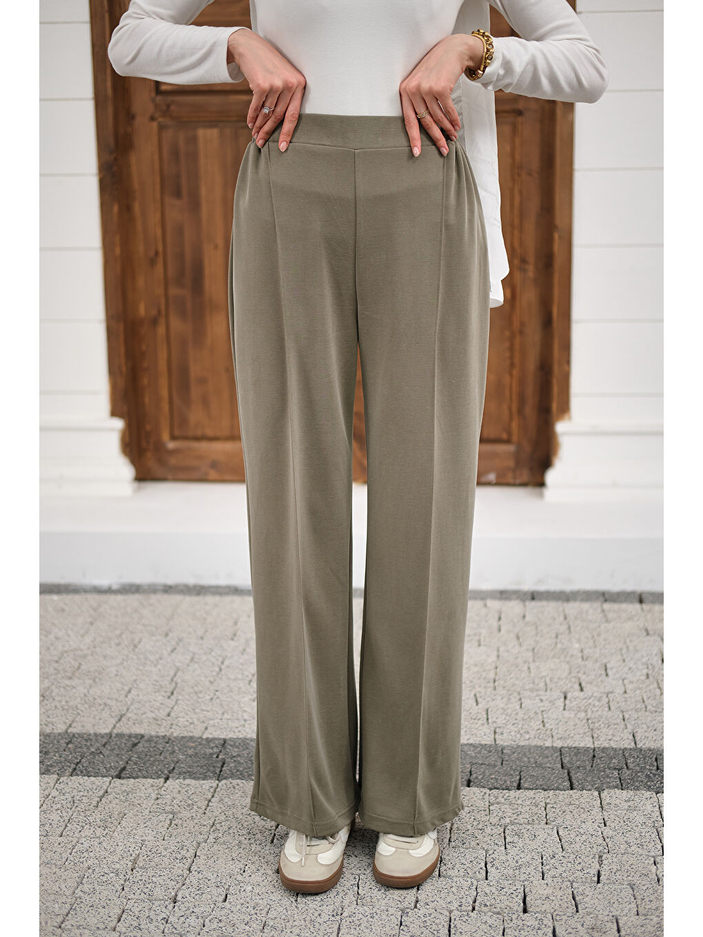 Kadın Önü Çima Detaylı Lastikli Pantolon Yeşil-2