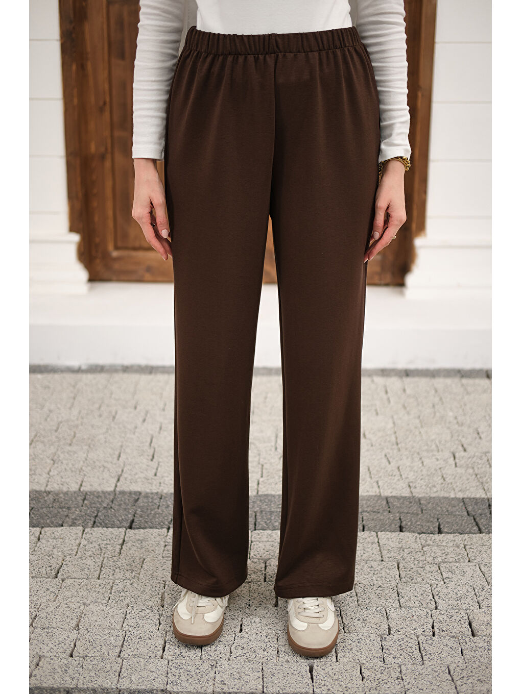 Kadın Beli Lastikli Pantolon Kahverengi-2