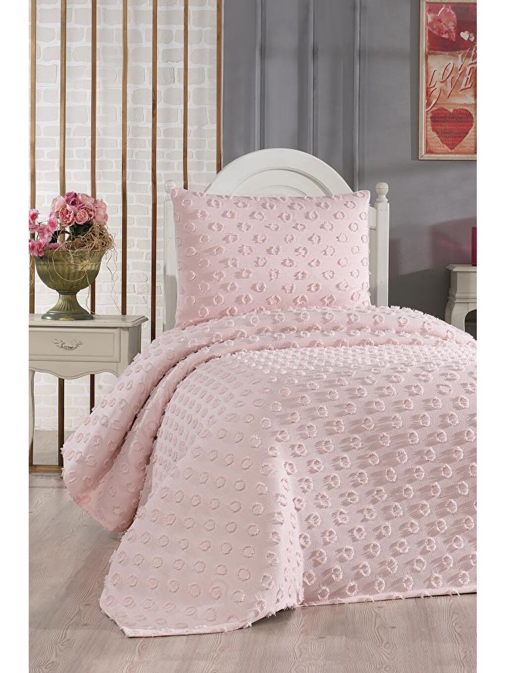 Pembe Konik 2 Parça Tek Kişilik Pike Takımı Pudra