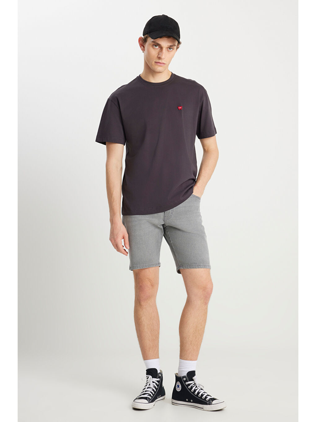 %100 Pamuk Relaxed Fit Geniş Kesim Bisiklet Yaka Minimal Logo Antrasit Tişört-2