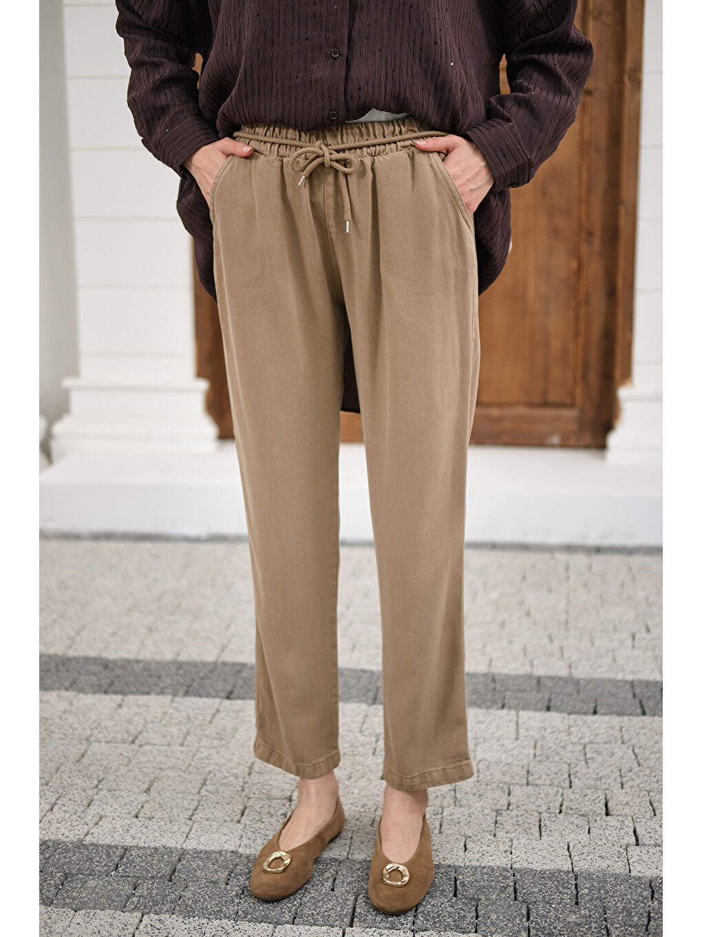 Bej Kadın İp Kemerli Bol Paça Pike Pantolon Vizon-2