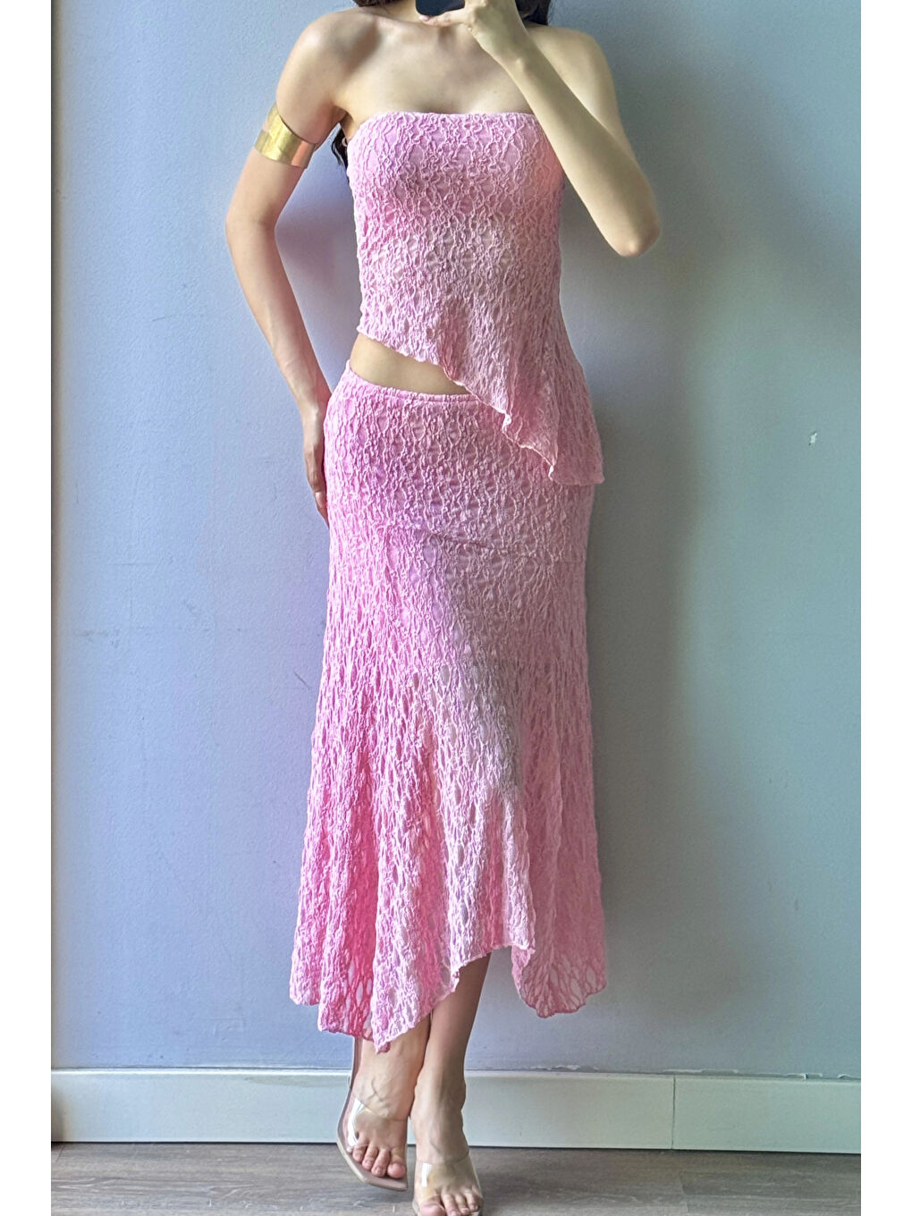 Kadın Pembe Dantel Crop Etek Takım 1026-221725-5