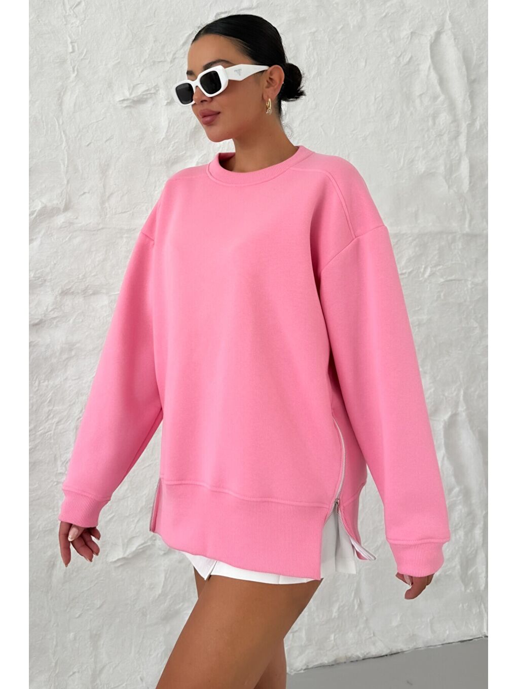 Kadın Pembe Bisiklet Yakalı Yanı Yarım Fermuar Detaylı Sweatshirt-2