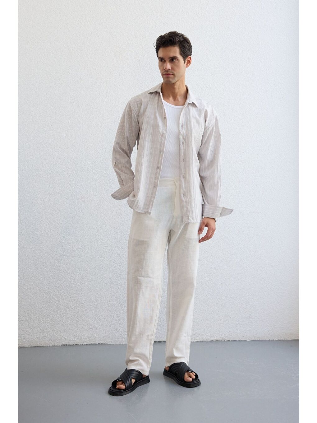 Gri Tugur Erkek Çizgili Oversize Premium Gömlek Soft Touch Refined Comfort-1