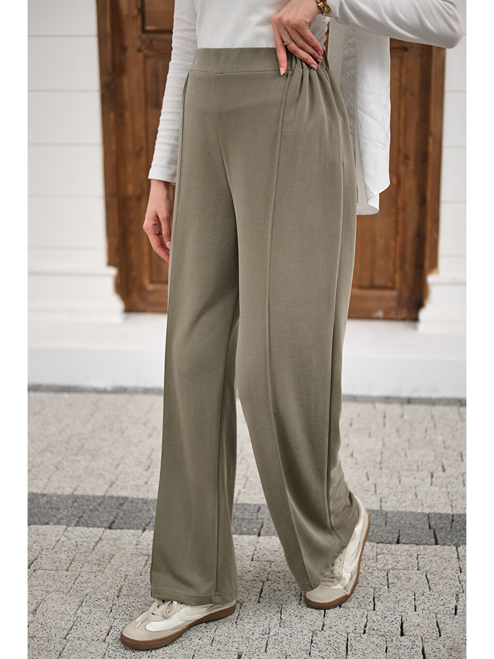 Kadın Önü Çima Detaylı Lastikli Pantolon Yeşil-3