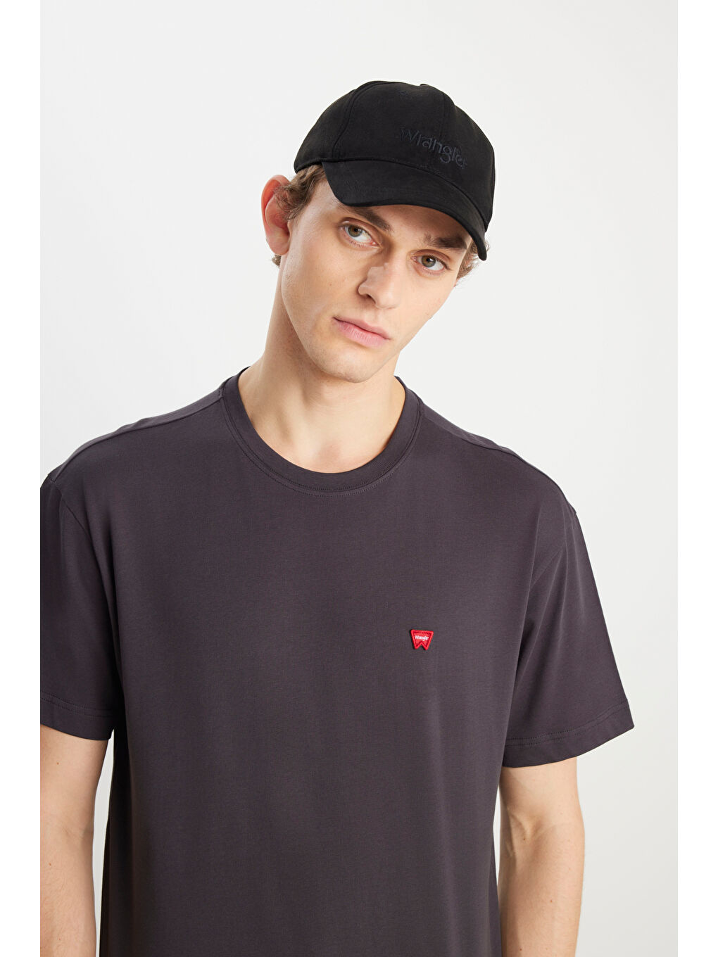 %100 Pamuk Relaxed Fit Geniş Kesim Bisiklet Yaka Minimal Logo Antrasit Tişört-3