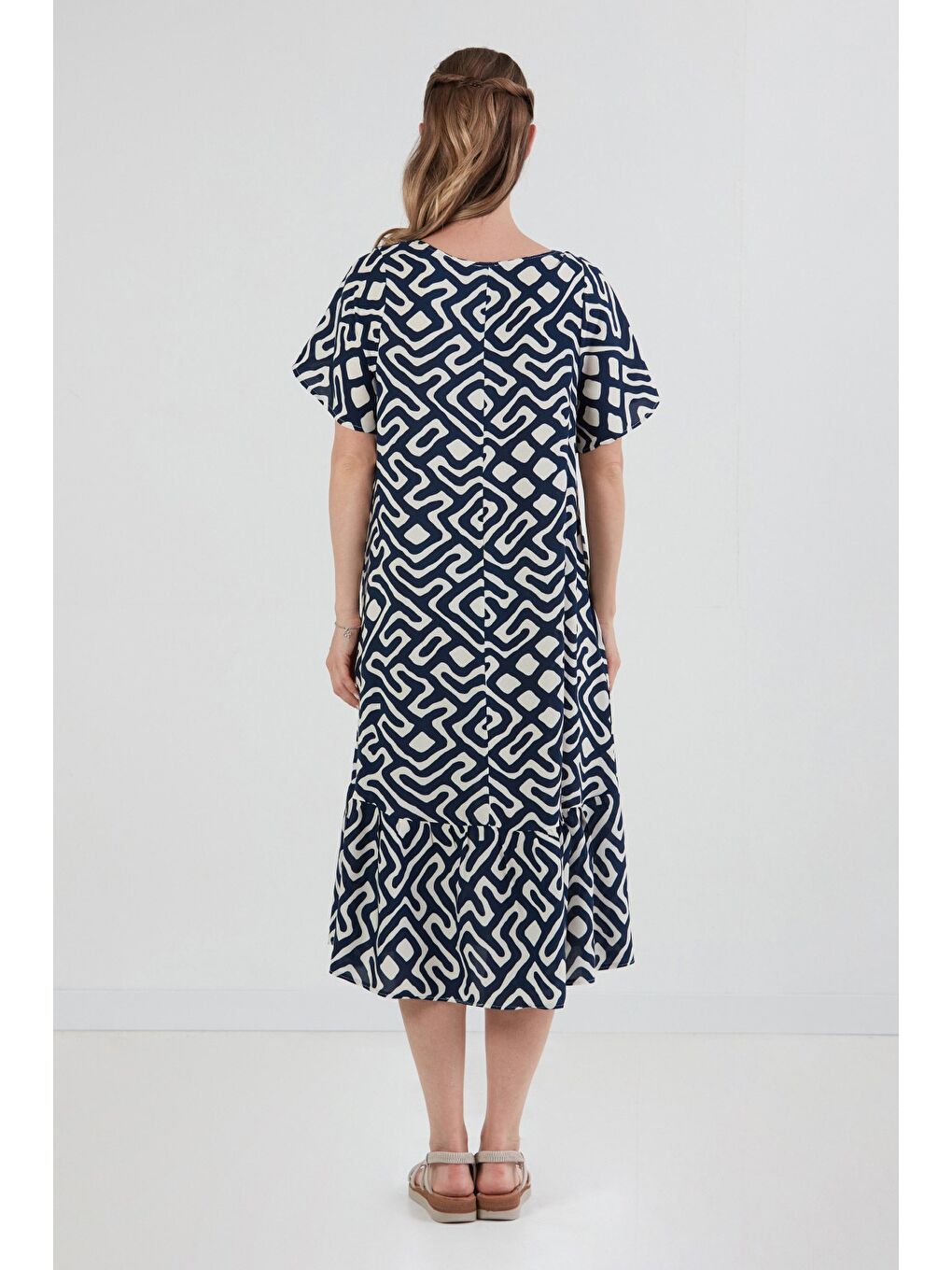 Lacivert Desenli V Yaka Salaş Elbise-3