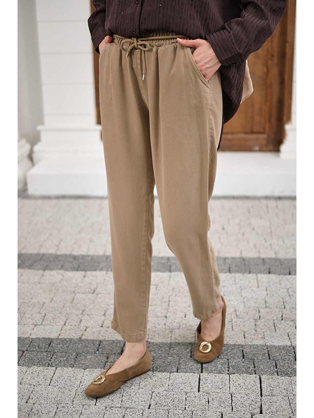 Bej Kadın İp Kemerli Bol Paça Pike Pantolon Vizon-3